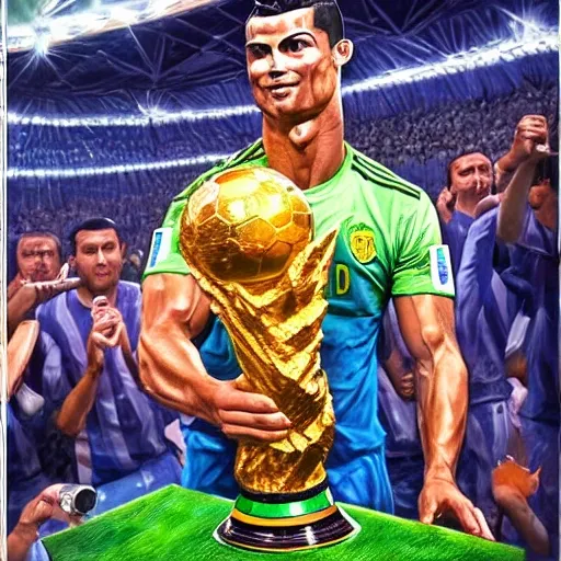 Cristiano ronaldo lifting world cup, 3D, Oil Painting