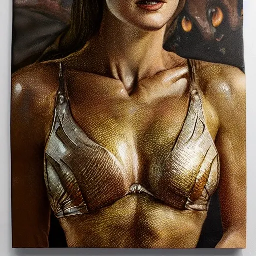 Photo of beautiful Alexandra Daddario in tiny silk underwear, gorgeous, frazetta, creature xenomorph monster fetus, art by Giotto Di Bondone, Filip Hodas, art by Tommaso Masaccio, High detail