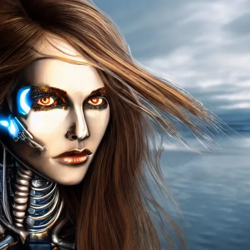 a real cyborg girl standing infront of river, with golden eyes, realistic girl, full hd image, focused, front shot