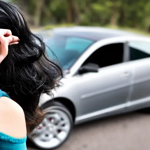 generate a prompt for me on a girl standing infront of car with black hairs and looking down with clear image, full hd resolution
