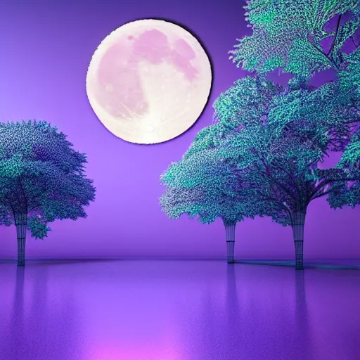 ((one tree with a white trunk and shiny neon blue leaves)) in the middle of a cloud ((purple water)) ((nigth sky background)) ((full moon)), 3D, highly detailed, 8k render, intrincated, minimalist style, 3D