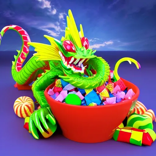 the dragon lies on the mountain of candy, 3D