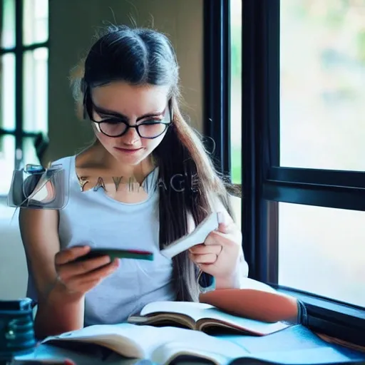 a girl studing with a book, on the table, tired, with a hairpoint, , a window behind her, sunny day, with music on her mobile phone, she is concentrated studying