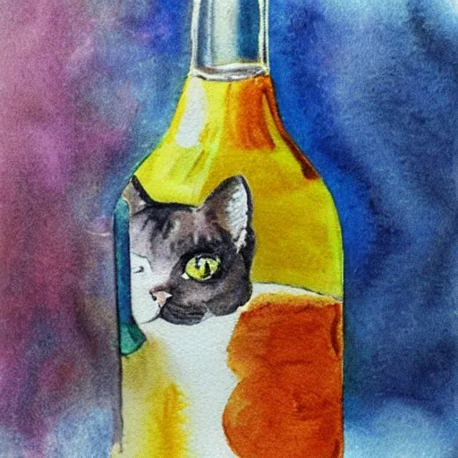 a cat in a glass bottle, Water Color