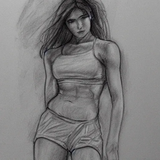 Character, pure and lovely woman, wearing racing shorts, good body, Pencil Sketch