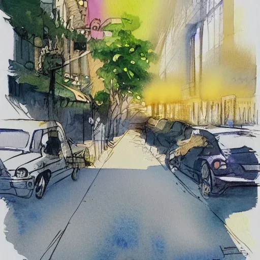 street summer watercolor pen by brad mesina trending on artstation, Water Color