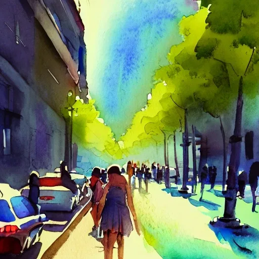 street summer watercolor pen by brad mesina trending on artstation, dreamy, dramatic, beautiful, mysterious, glowing, perfect, award winning, Water Color