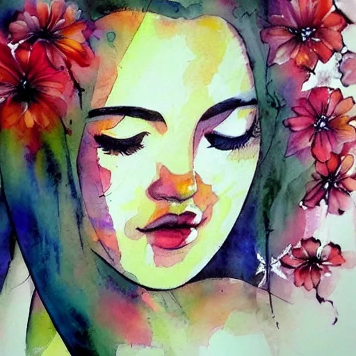 woman, flowers, face, beautiful, pretty, brush strokes, brush splashes, creative, stunning, dramatic, artistic, art, details, detailed, , Water Color