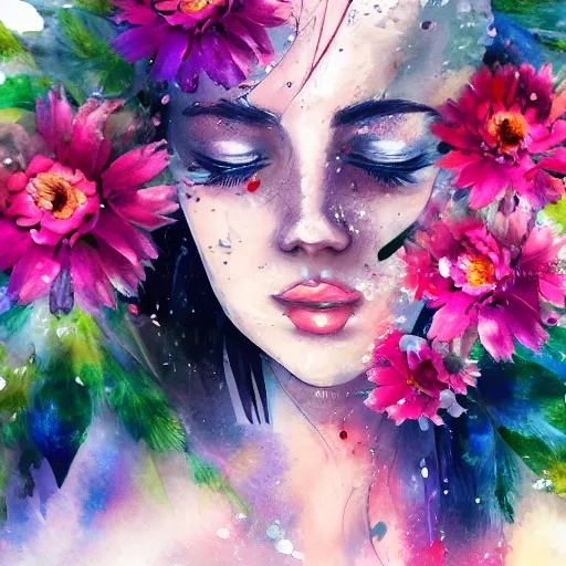 woman, flowers, face, beautiful, pretty, brush strokes, brush splashes, creative, stunning, dramatic, artistic, art, details, detailed, , Water Color, detailed, dreamy, glowing