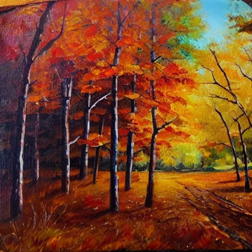 , Oil Painting, paisaje de otoño, un bosque con ojas en el suelo y otras cayendo, se vee una ardilla y unos cuantos pajaros