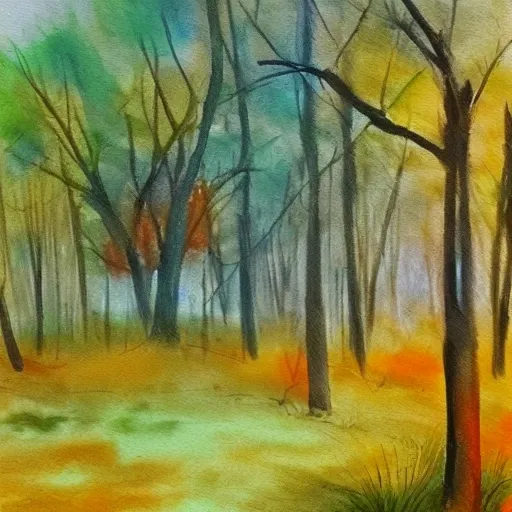 , Oil Painting, paisaje de otoño, un bosque con ojas en el suelo y otras cayendo, se vee una ardilla y unos cuantos pajaros, Water Color