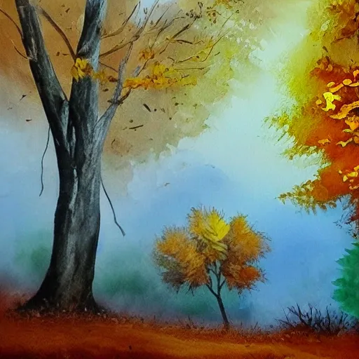 , Oil Painting, paisaje de otoño, un bosque con ojas en el suelo y otras cayendo, se vee una ardilla y unos cuantos pajaros, Water Color, 3D