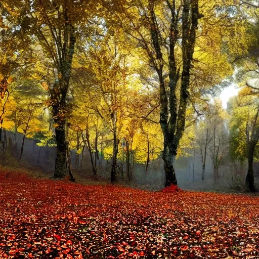 , paisaje de otoño, un bosque con ojas en el suelo y otras cayendo, se vee una ardilla y unos cuantos pajaros, 3D