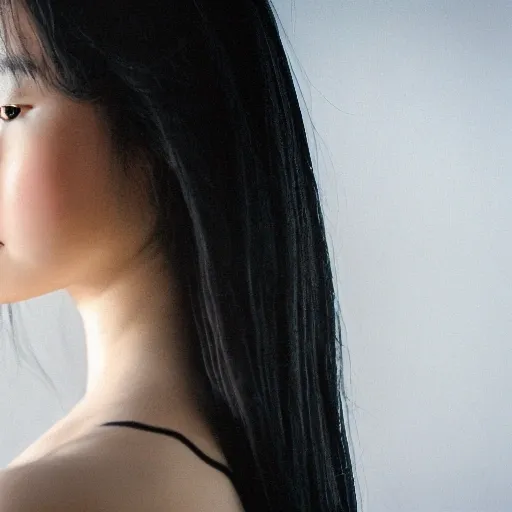 Analogue style, young girl, Asian photo model, sideways, she is looking away, a little depressed, face parts, face details like eyes, lips etc, sea background, wavy long black hair, award winning studio photography, professional colour grading, soft shadows, no contrast, clean sharp focus, 3D