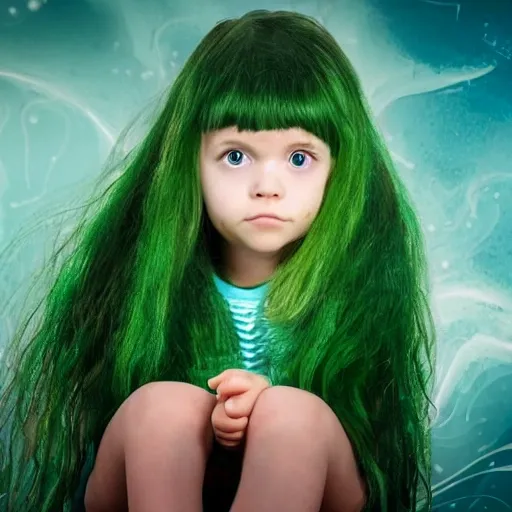 Realistic picture, child seating in a Build, realistic face, realistic eye, noise, etc, long a green hair, background, deep of the sea,, 3D