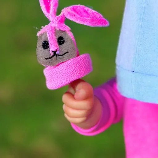 A tiny bunny with pink hat in thumb clip.