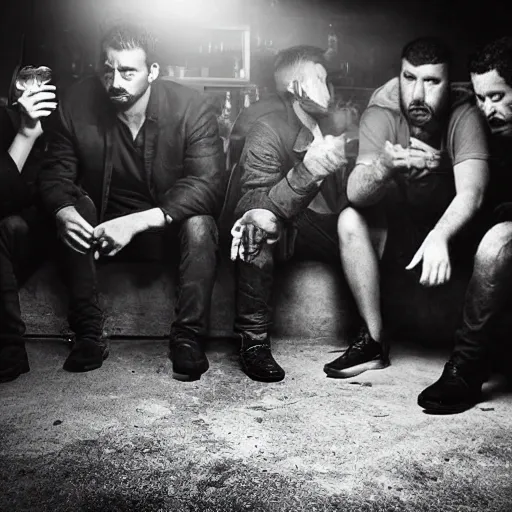 A group of hardened criminals gather in a smoky bar, their faces obscured by the dim light and the thick haze of cigarette smoke that fills the air. The sound of their whispered conversations echoes through the room, as they plot their next heist and trade stories of their past exploits.