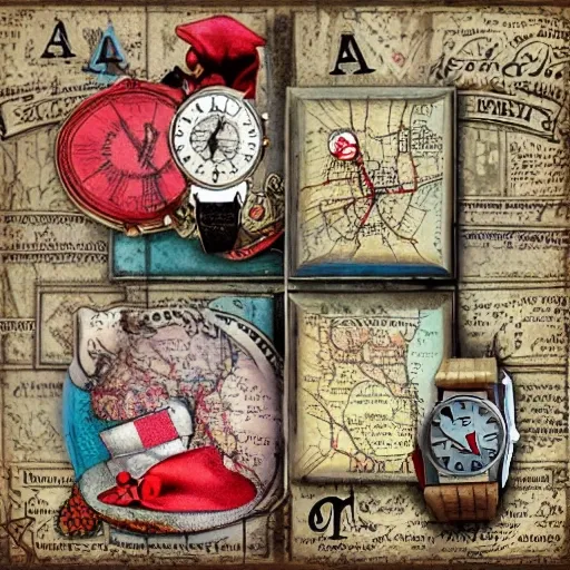 Alice's decor in Wonderland, maps, Hatter, watch, red queen
 
