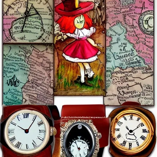 Alice's decor in Wonderland, maps, Hatter, watch, red queen
 
Water Color