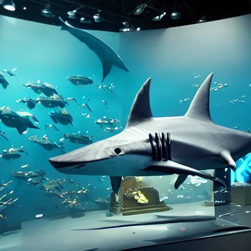 robot sharks in the deep ocean tech city, spotlight, 3d