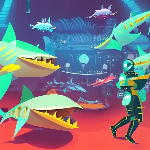 streampunk robot sharks in the deep ocean tech city, digital, illustration