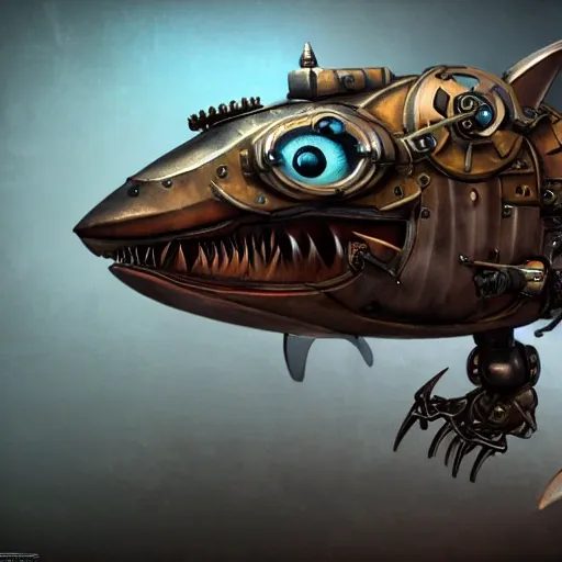 steampunk fantasy robot shark stylized digital illustration sharp focus, elegant intricate digital painting artstation concept art global illumination ray tracing advanced technology chaykin howard and campionpascale and cooke darwyn and davis jack, 3d