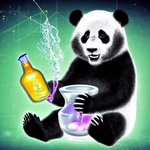 panda mad scientist mixing sparkling chemicals, digital art