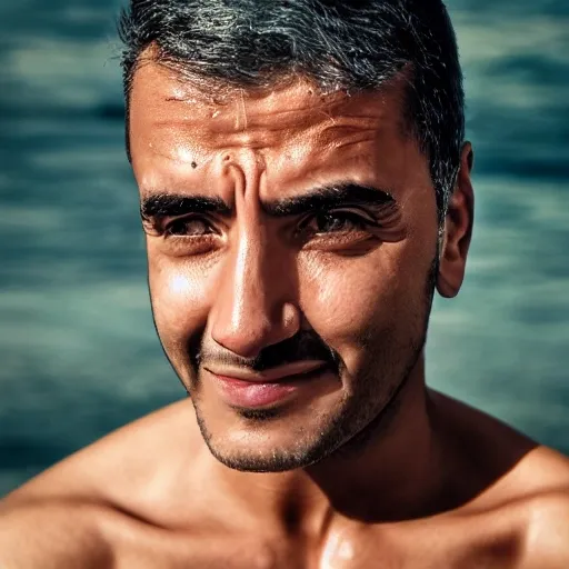 Analogue style, Carlos Hispanic man model, sideways, heis looking away, smiling, face parts, face details like eyes, lips etc, sea background, white receeding hair, award winning studio photography, professional colour grading, soft shadows, no contrast, clean sharp focus