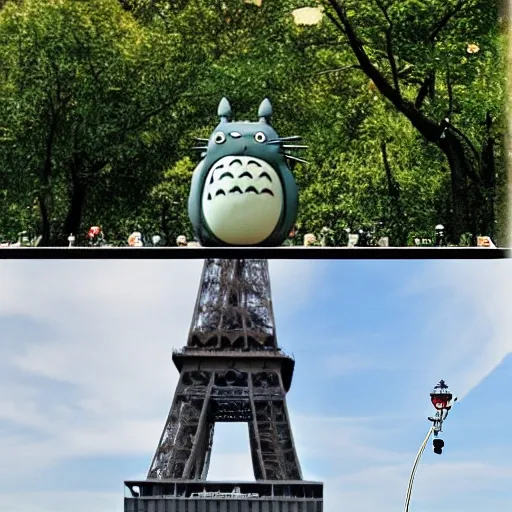 Totoro next to eiffel tower