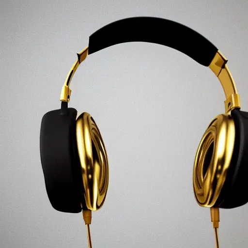 Big golden headphones floating in black space, realistic, full hd 4k
