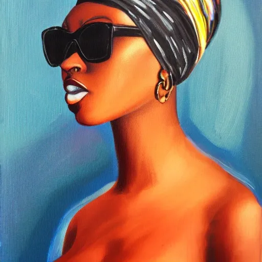 Trendy black female wearing sunglasses, headwrap, Oil Painting - Arthub.ai