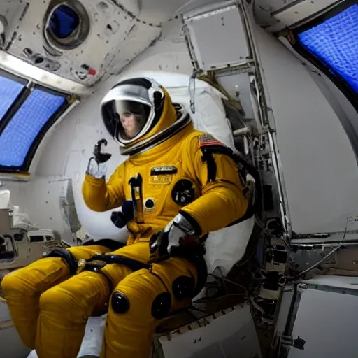 astronauta flotando con audifonos y traje dorado por el espacio , estilo hiper realista 