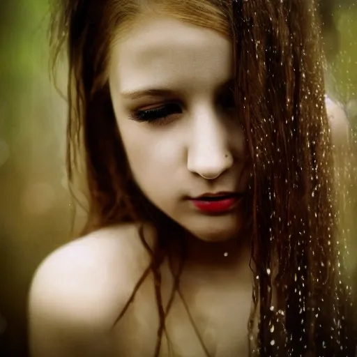 analog style, Young girl, American photo model, she look at the camera, face parts, face detales like eyes, lips etc, forest, intensity míst, fog, It's raining, award winning studio photography, professional color grading, soft shadows, no contrast, clean sharp focus