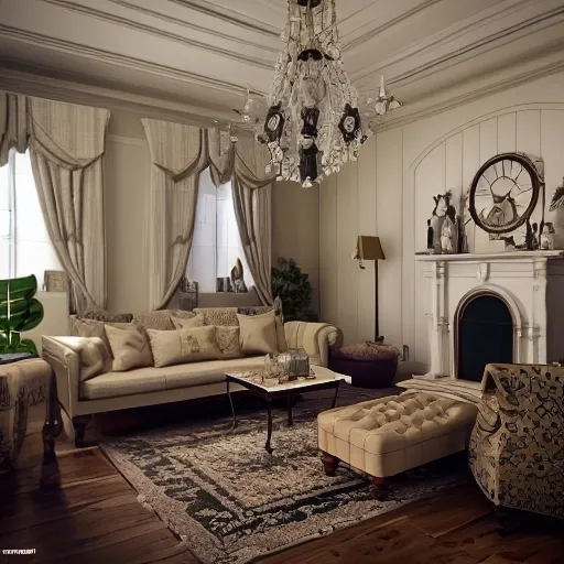 a detalied 3 d render of a country chic living room, by valentin franke, ilya galinsky trending of artstation, photorealism 