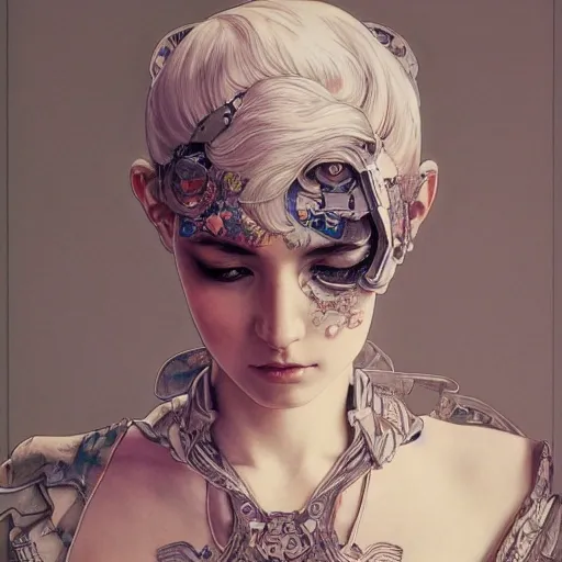 HD photo, above shoulder front facing portrait of a beauty cyborg, elegant realistic gravure idol, an ultrafine hyperdetailed by kim jung gi, Soey Milk , wlop, artgerm, greg rutkowski, alphonse mucha, intricate linework, bright colors, victorian, japanese tradition suit, ornate, dynamic, rich colors