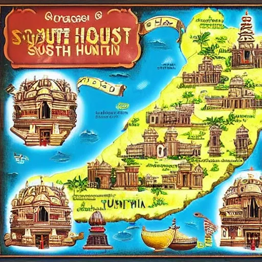 treasure hunt map set in south india .  with signboards of locations