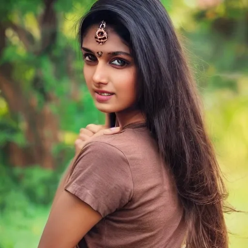 a beautiful Indian girl, a full body, blue eyes, brown hair, in a t-shirt, posing for a photoshoot, realistic image