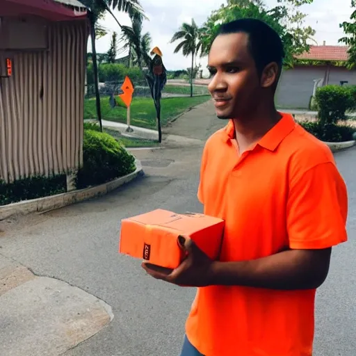 a delivery boy. delivering package, wearing orange shirt
