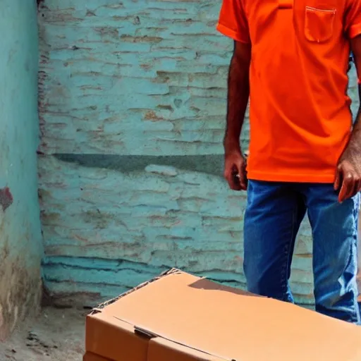 a pakistani delivery boy. delivering package, wearing orange shirt, high resolution, 8k wallpaper, real image, face details, shirt details, focused on the boy
