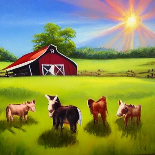 , Oil Painting, children illustration, barn animals, shiny summer day