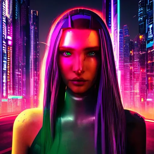 portrait of beautiful cyberpunk girl, looking into distance, green eyes, detailed face, spotlight, cyberpunk city, wired, multicolored, vibrant high contrast, hyper-realistic, photographic, 8k, epic ambient light, octane render, long hair, Trippy