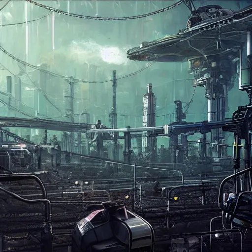 realistic Scene: industrial compound in cyberpunk style in the middle of the forest with many trees and organic looking alien ship flying in the sky