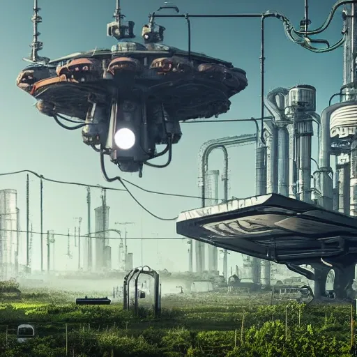 realistic Scene: industrial compound in cyberpunk style in the middle of the forest with many trees and organic looking alien ship flying in the sky