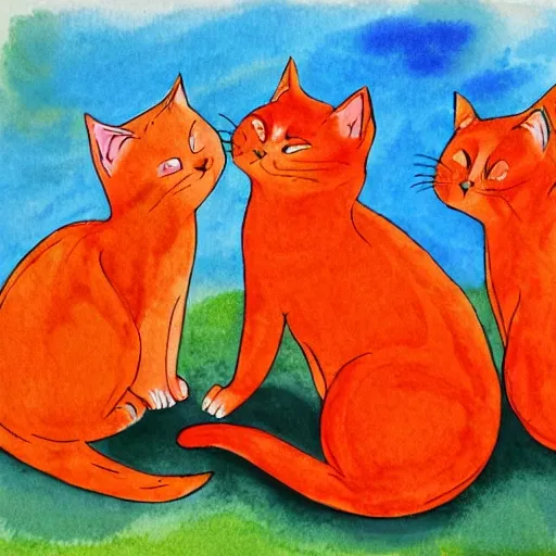 A group of orange cats playing, Cartoon, Water Color