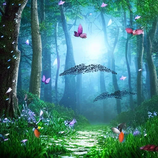ultra-realistic image of the beauty of deep forest, with imaginative sparkling flies wandering about. a detailed realistic image 