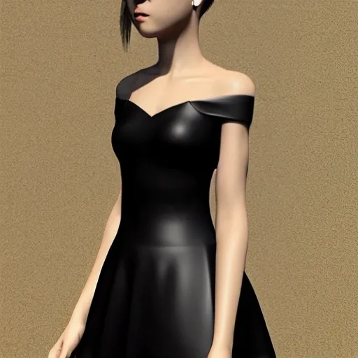 masterpiece, ultra-realistic, best quality, (photorealistic:1.3), realistic skin texture, innocent face, full body, off-shoulder dress in black, low key, 20 year girl