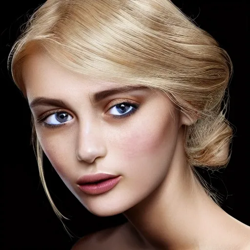 Generate an ultra-realistic digital image of a slim and smart girl with blond hair. She should be depicted in a full-body pose, facing the camera with a confident gaze. The girl should have beautiful hazel-colored eyes with intricate details, capturing the subtle variations in color and texture. Her eyes should have a sparkle and depth that appear incredibly lifelike. The skin texture should be flawless and highly detailed, with a natural complexion that reflects a healthy and radiant look. The girl should be wearing an elegant off-shoulder dress that accentuates her figure, with intricate folds and realistic fabric textures. Her blond hair should be styled in loose waves, with strands that fall gracefully around her face and shoulders. Ensure that every aspect of the image, from the facial features to the dress and hair, reflects a high level of realism, capturing the nuances of a photograph.

