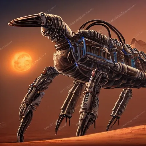 a Shrimp likes scifi thing made of mechanical structure and many big displayers and cables, full body, in desert,detailed illustration, sand color theme, fantasy art, soft lighting,(best quality:1.4), ((masterpiece)),((realistic)), (detailed),