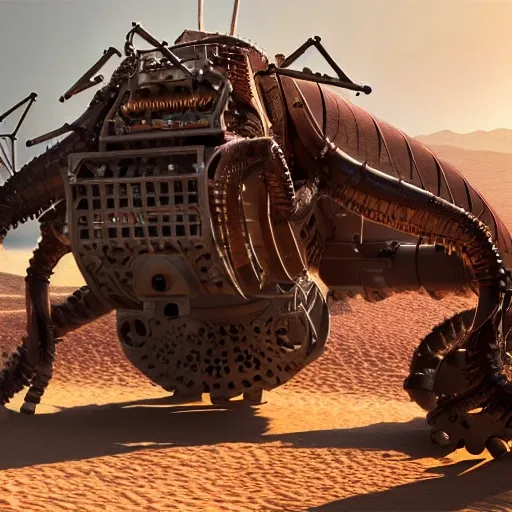 a Shrimp machine made of mechanical structures and many big displayers and cables, full body, in the desert, detailed illustration, sand color theme, fantasy, soft lighting,((realistic)), ((detailed)), 3D, sci-fi, terror