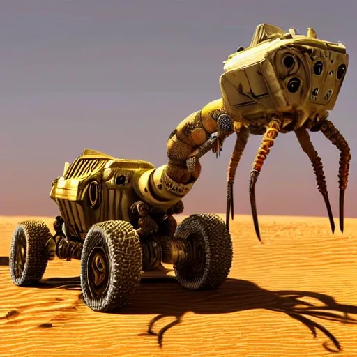 a Shrimp machine made of mechanical structures and many big displayers and cables, full body, in the desert, detailed illustration, sand color theme, fantasy, soft lighting,((realistic)), ((detailed)), 3D, sci-fi, yellow